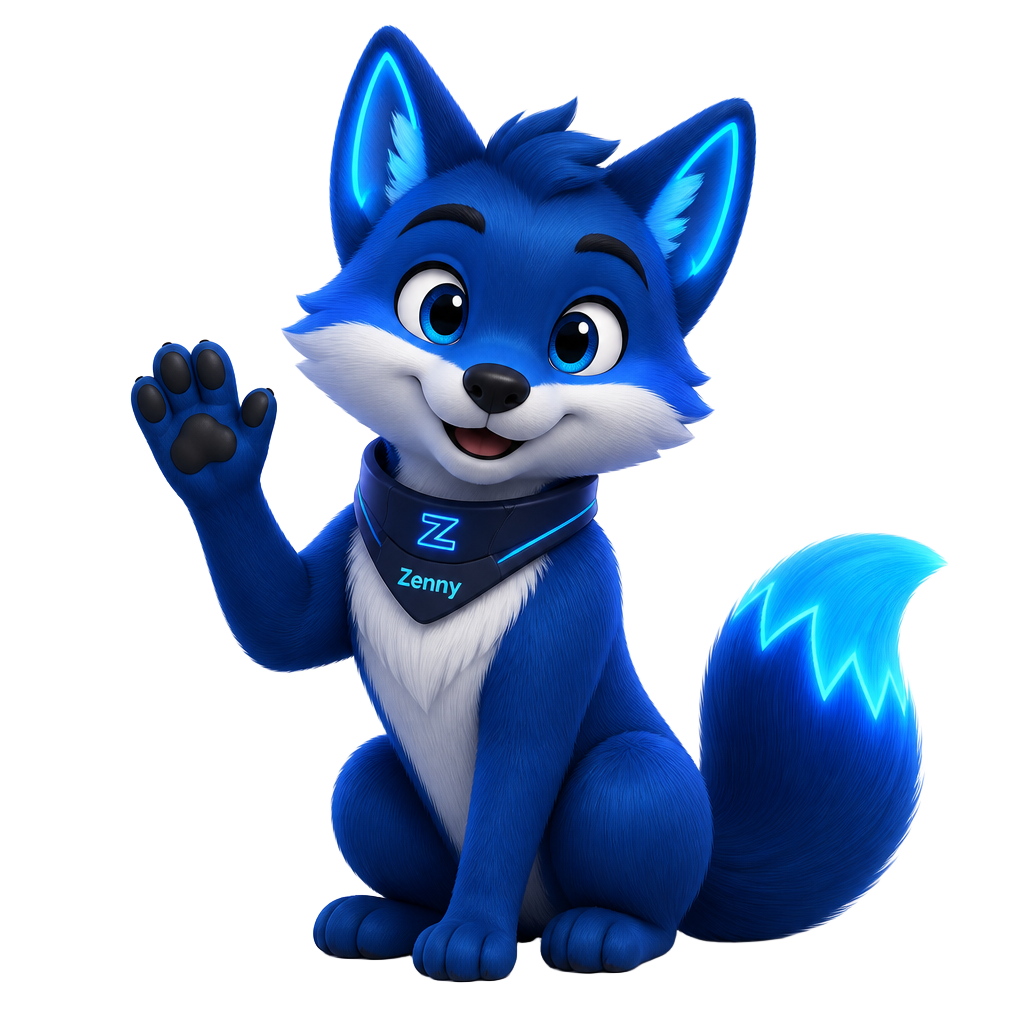 Zenny, a raposa azul mascote da PLAYZEN, apresentando a loja